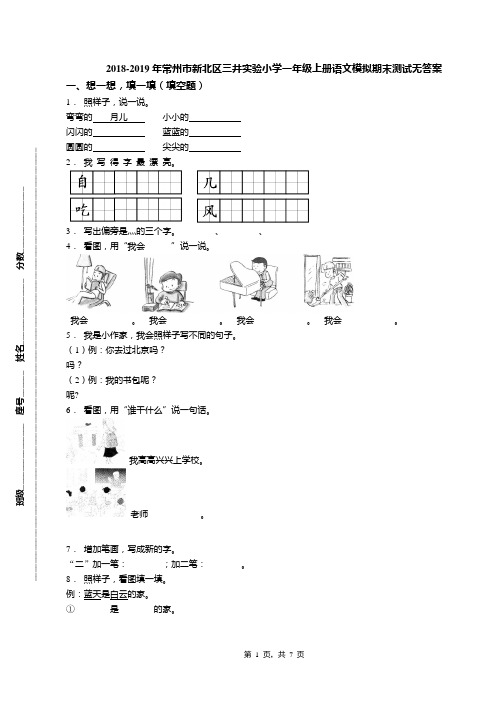 2018-2019年常州市新北区三井实验小学一年级上册语文模拟期末测试无答案