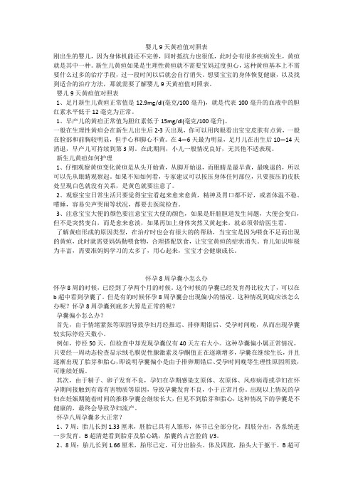 育儿知识:婴儿9天黄疸值对照表