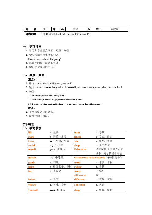 七年级英语下册知识讲义-Unit 3 Lesson 13-Lesson 15-冀教版