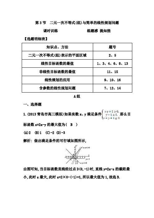 高考数学大一轮复习配套课时训练：第六篇 不等式 第3节 二元一次不等式(组)与简单的线性规划问题