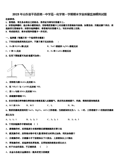 2023年山东省平邑县第一中学高一化学第一学期期末学业质量监测模拟试题含解析