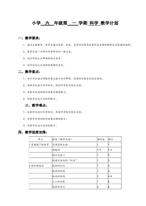 最新苏教版小学六年级上册科学教学计划