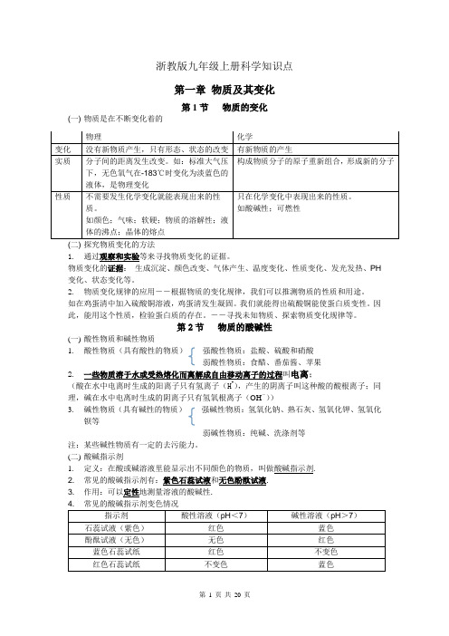 浙教版九年级上册科学知识点总结