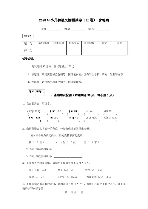 2020年小升初语文检测试卷(II卷) 含答案