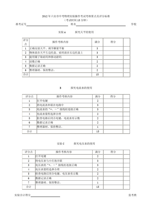 2012年六安市中考物理实验操作考试考核要点及评分标准