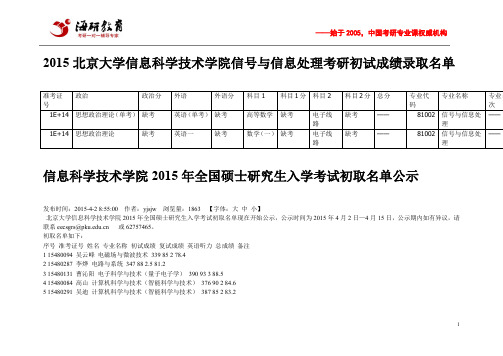 2015北京大学信息科学技术学院信号与信息处理考研初试成绩录取名单