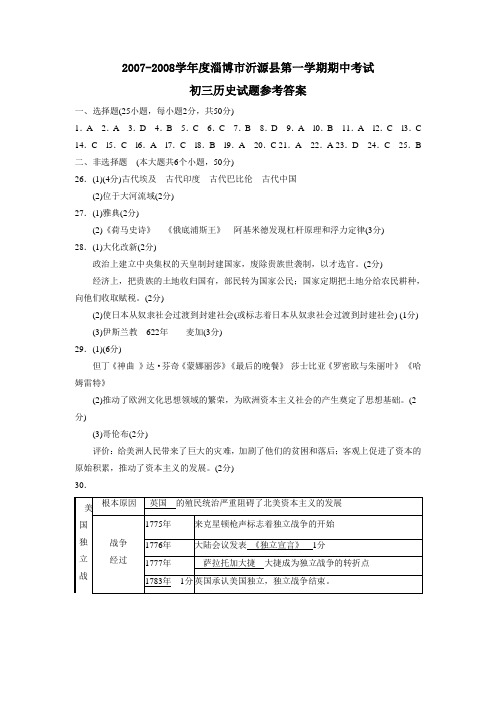 2007-2008学年度淄博市沂源县第一学期期中考试初三历史试题参考答案