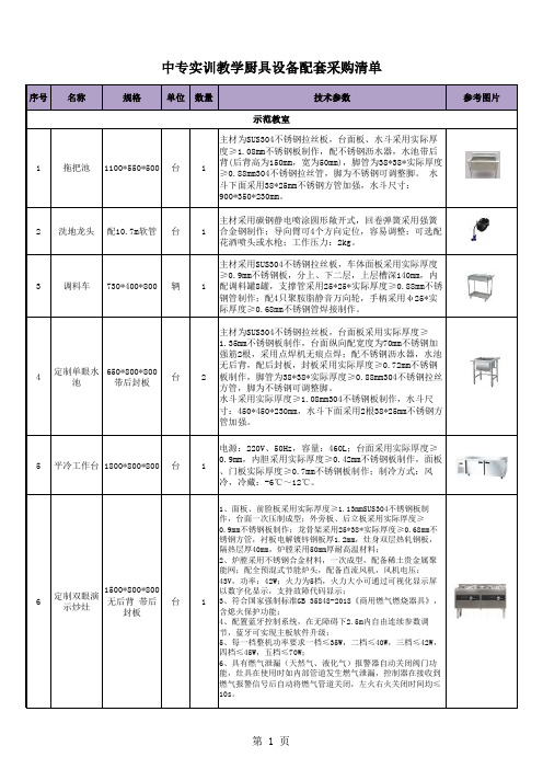 中专实训教学厨具设备配套采购清单