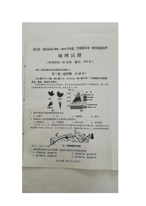 2018--2019学年福建省龙岩市一级达标校高一年下学期期末教学质量检查试题 地理   扫描版