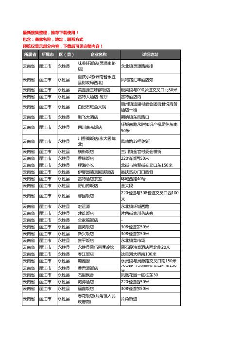 新版云南省丽江市永胜县酒店餐饮企业公司商家户名录单联系方式地址大全82家