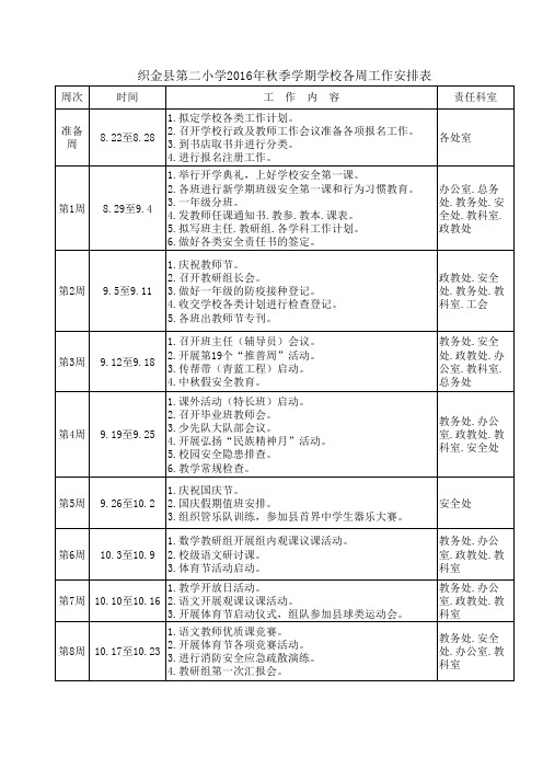 2016秋学校各周工作安排表