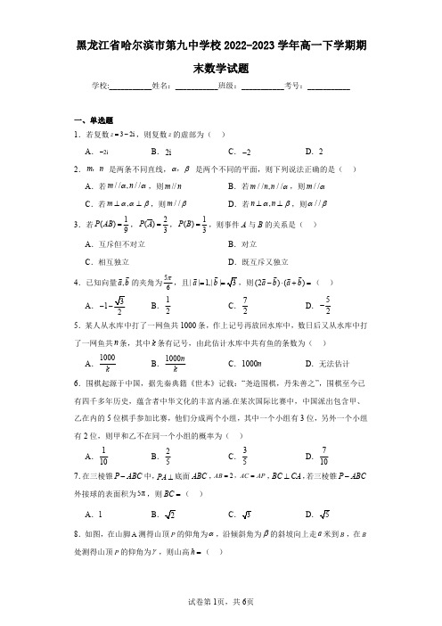 黑龙江省哈尔滨市第九中学校2022-2023学年高一下学期期末数学试题