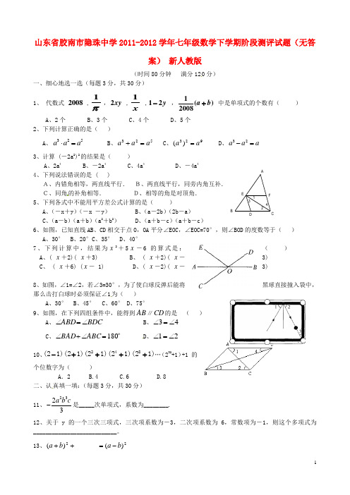 山东省胶南市隐珠中学七年级数学下学期阶段测评试题(