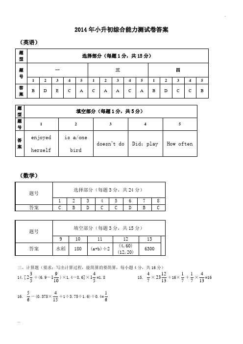 2014年小升初综合能力测试卷答案文件