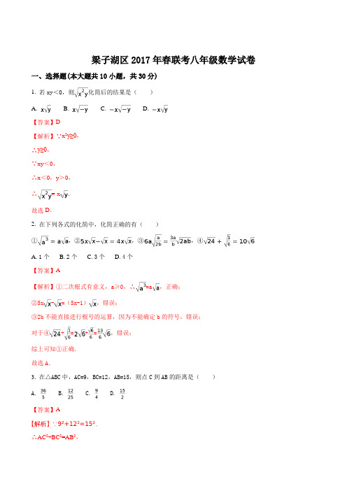 湖北省鄂州市梁子湖区2016-2017学年八年级6月联考数学试题(解析版)