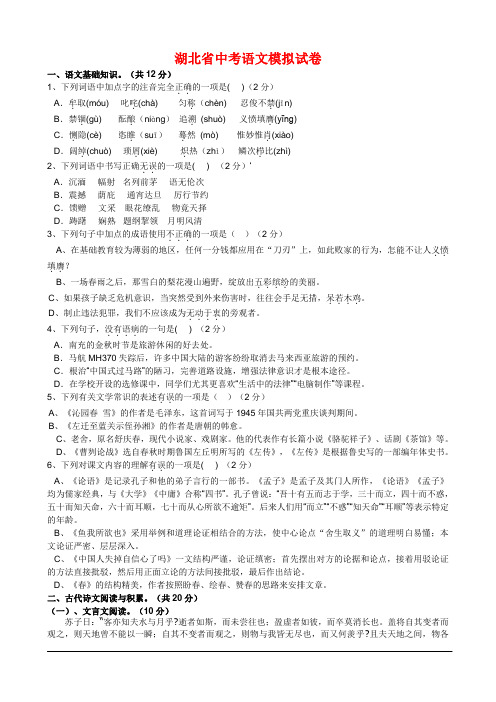 湖北省2020年中考语文模拟试卷(含答案)