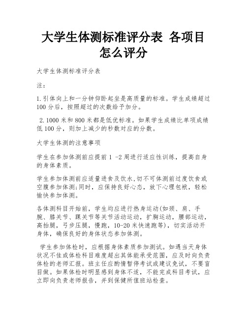 大学生体测标准评分表 各项目怎么评分