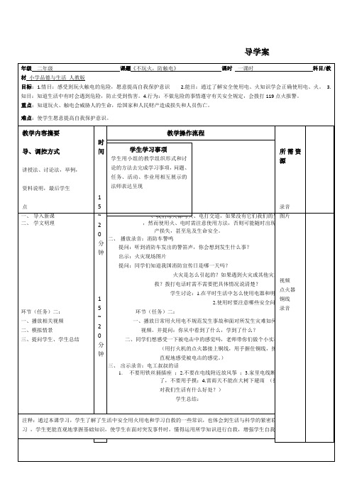 人教版品德与生活二年级《不玩火,防触电》优质课导学案