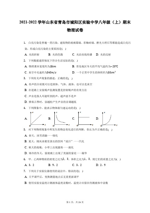 2021-2022学年山东省青岛市城阳区实验中学八年级(上)期末物理试题及答案解析