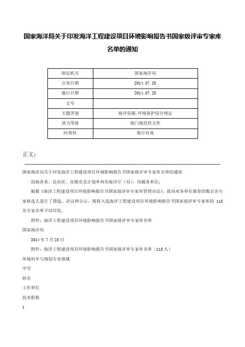 国家海洋局关于印发海洋工程建设项目环境影响报告书国家级评审专家库名单的通知-