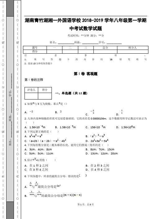 湖南青竹湖湘一外国语学校2018-2019学年八年级第一学期中考试数学试题