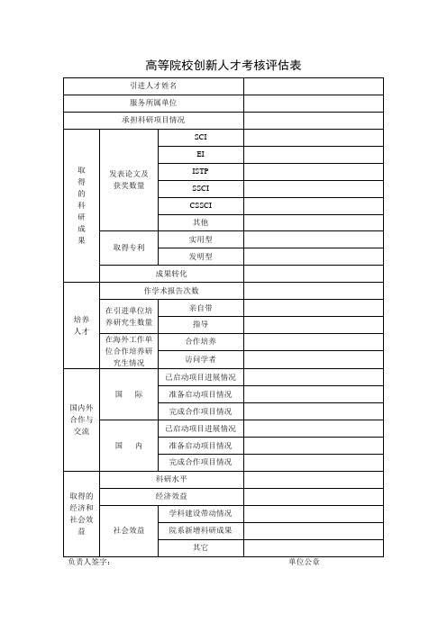 高等院校创新人才考核评估表