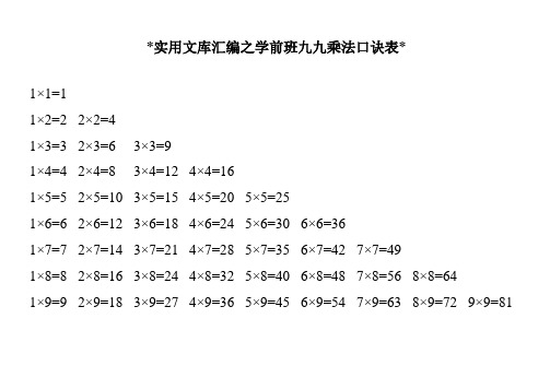 实用文库汇编之小九九乘法口诀表(免费打印)