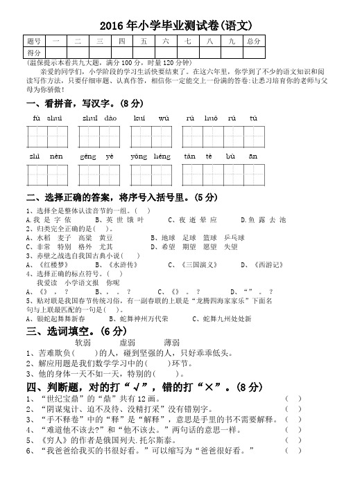 td2016-小学升初中语文毕业测试试题