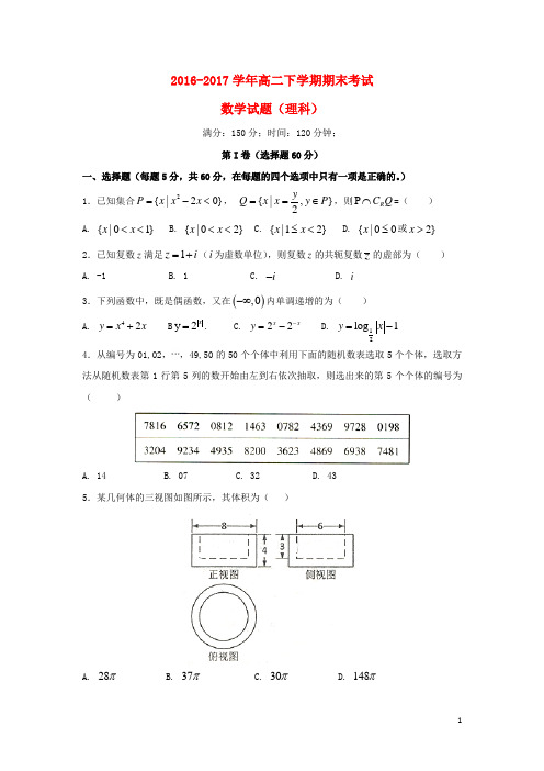 河北省临漳县2016_2017学年高二数学下学期期末考试试题理(无答案)