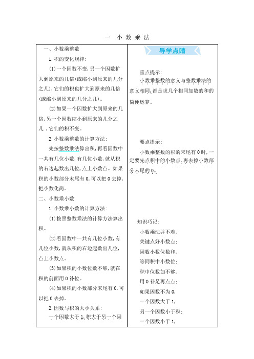 北京课改版五年级数学上册第一单元《小数乘法》知识点汇总