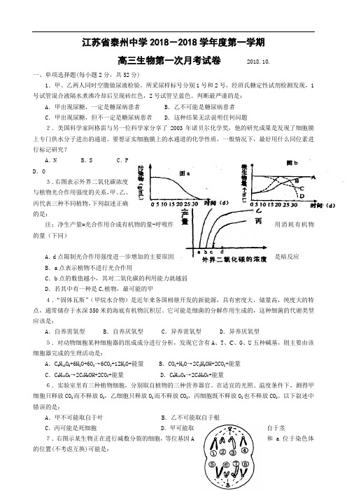 精品 江苏省泰州中学2018学年度第一学期高三生物第一