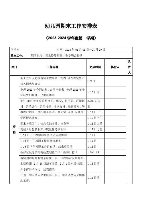 幼儿园后勤部秋季期末工作安排表