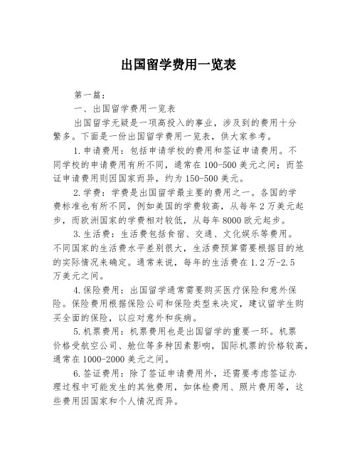 出国留学费用一览表2篇