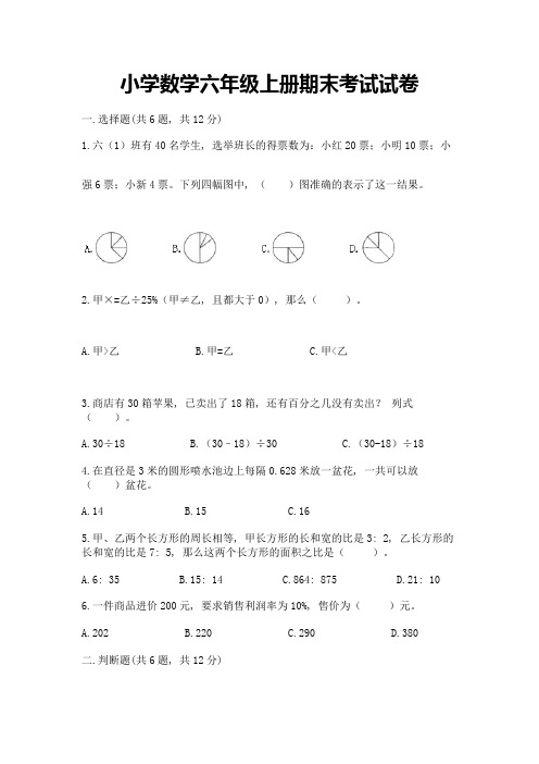 小学数学六年级上册期末考试试卷(考试直接用)word版