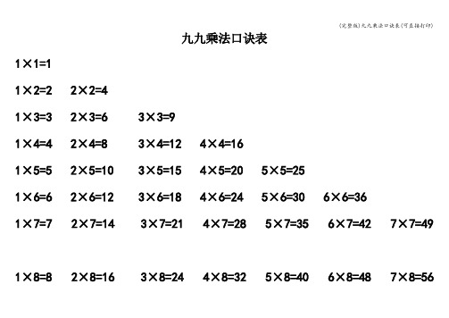 (完整版)九九乘法口诀表(可直接打印)