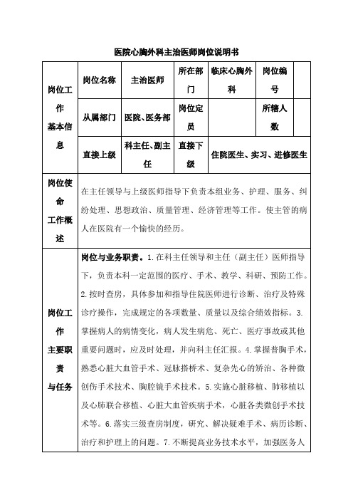 医院心胸外科主治医师岗位说明书