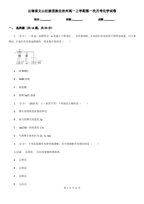 云南省文山壮族苗族自治州高一上学期第一次月考化学试卷