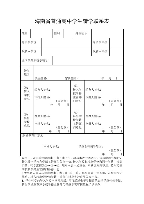 海南省普通高中学生转学联系表