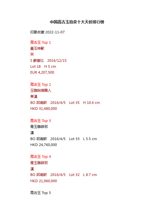 中国高古玉拍卖十大天价排行榜