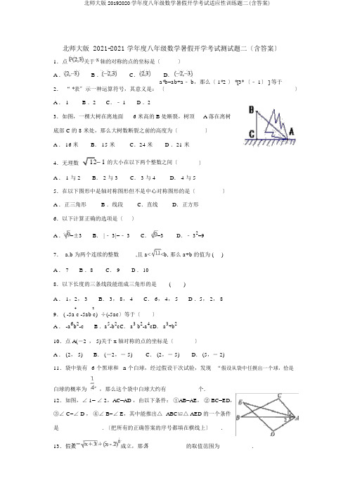 北师大版20192020学年度八年级数学暑假开学考试适应性训练题二(含答案)