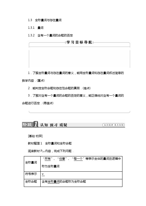 高中数学苏教版选修2-1学案：1.3.1+2 量词 含有一个量词的命题的否定含解析