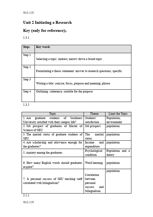 最新研究生学术英语写作教程key-Unit-2-Initiating-a-Research