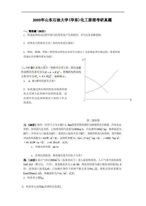 2003年山东石油大学(华东)化工原理考研真题