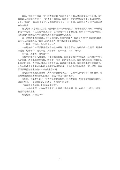 最新初中作文《鲸起鲸落,万物生》