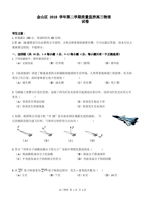 上海市金山区2018-2019第二学期质量监控高三(二模)物理试卷