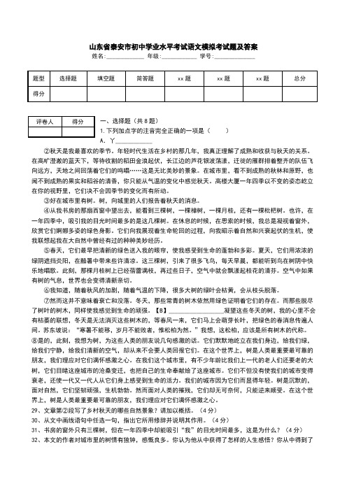 山东省泰安市初中学业水平考试语文模拟考试题及答案.doc