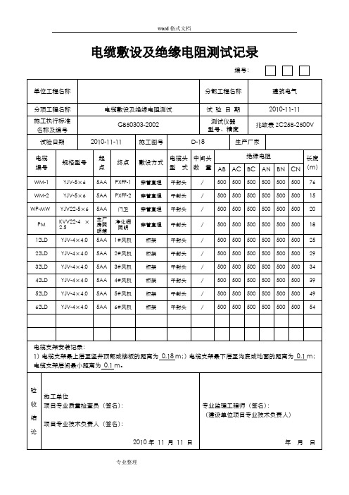 电缆绝缘电阻测试记录表