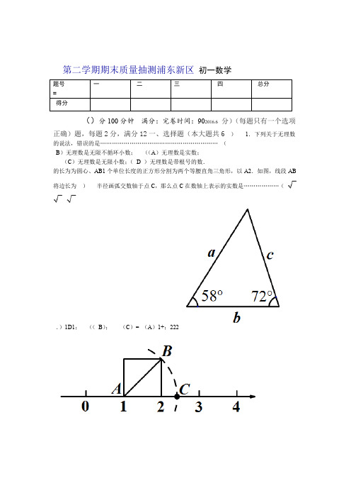 上海市浦东新区2018 2019七年级下期末数学试题有答案