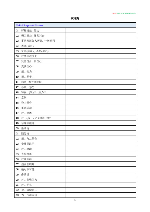 2019外研社高中英语必修二Unit 4 Stage and Screen短语英汉互译表