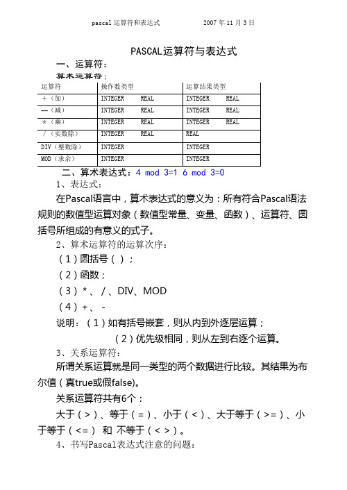 PASCAL运算符与表达式